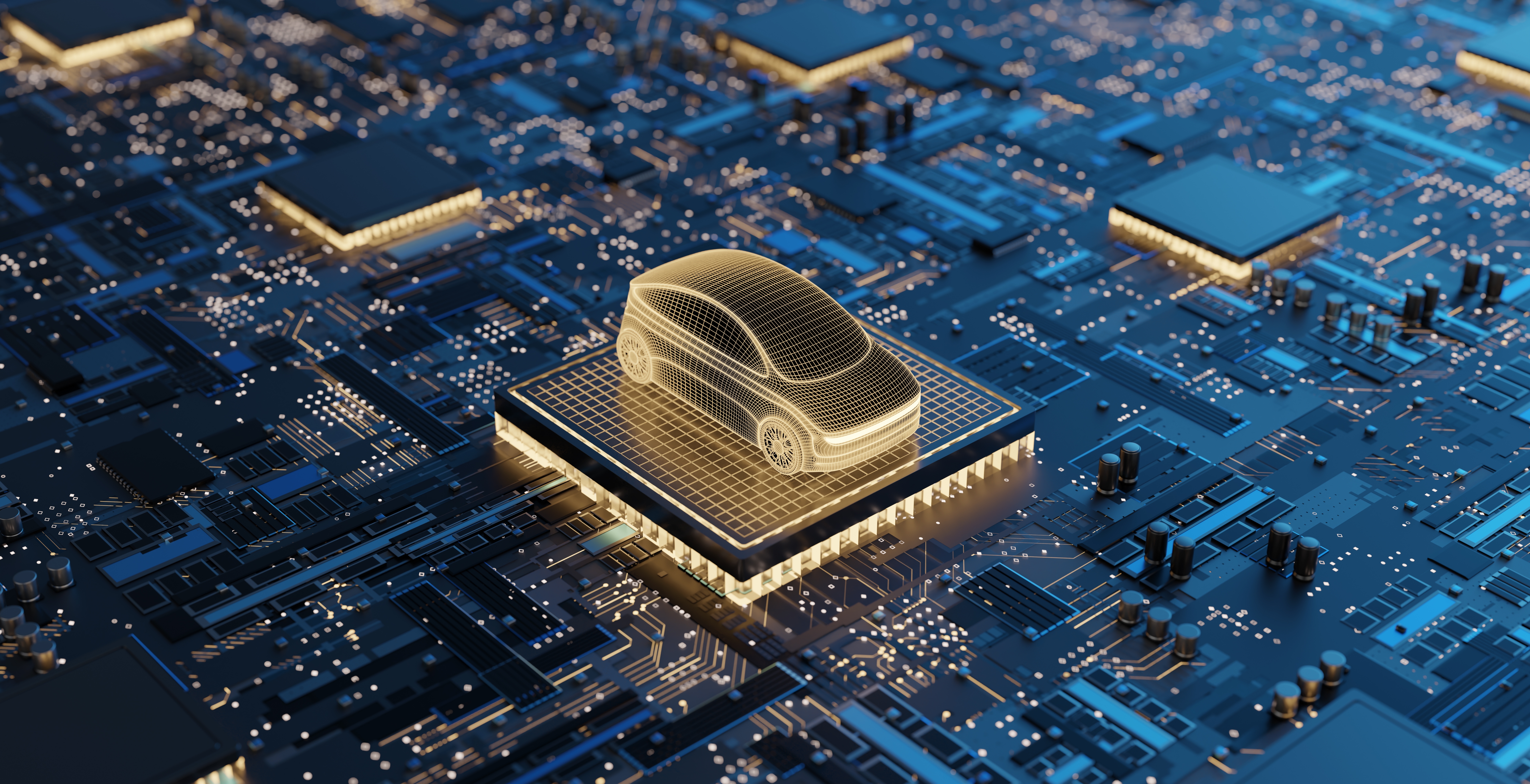Golden wireframe car model on a microchip symbolizing software-defined vehicles in a high-tech circuit board environment