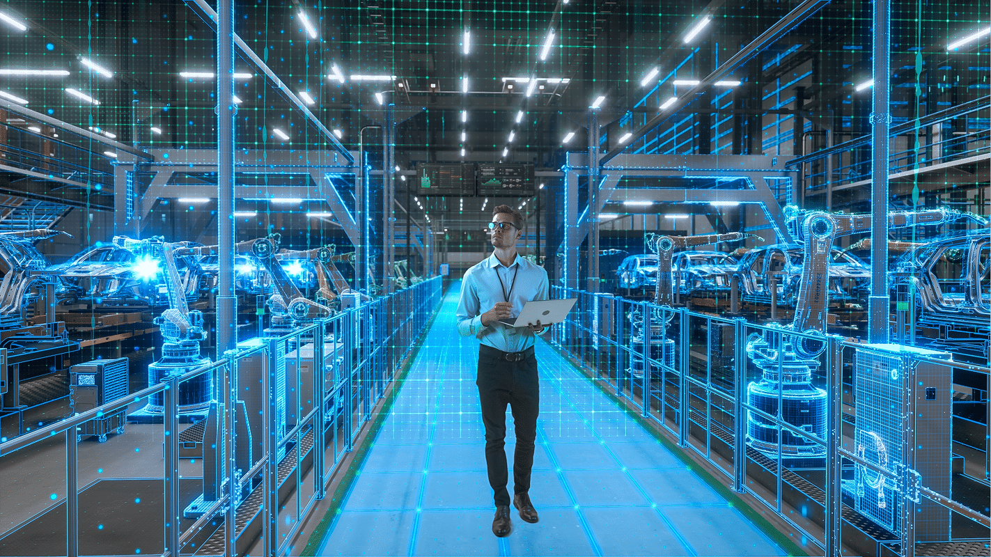 AI leadership in manufacturing reviewing digital dashboards in a modern office and collaborating on data strategy.