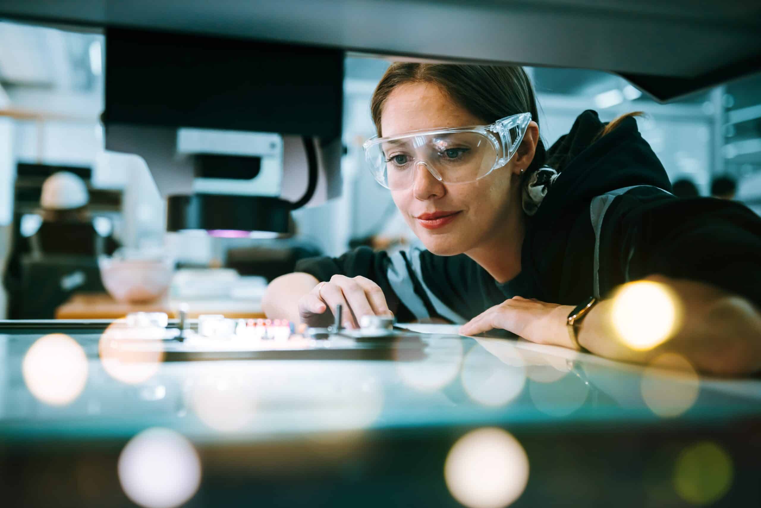 AI leadership in manufacturing reviewing digital dashboards in a modern office and collaborating on data strategy.
