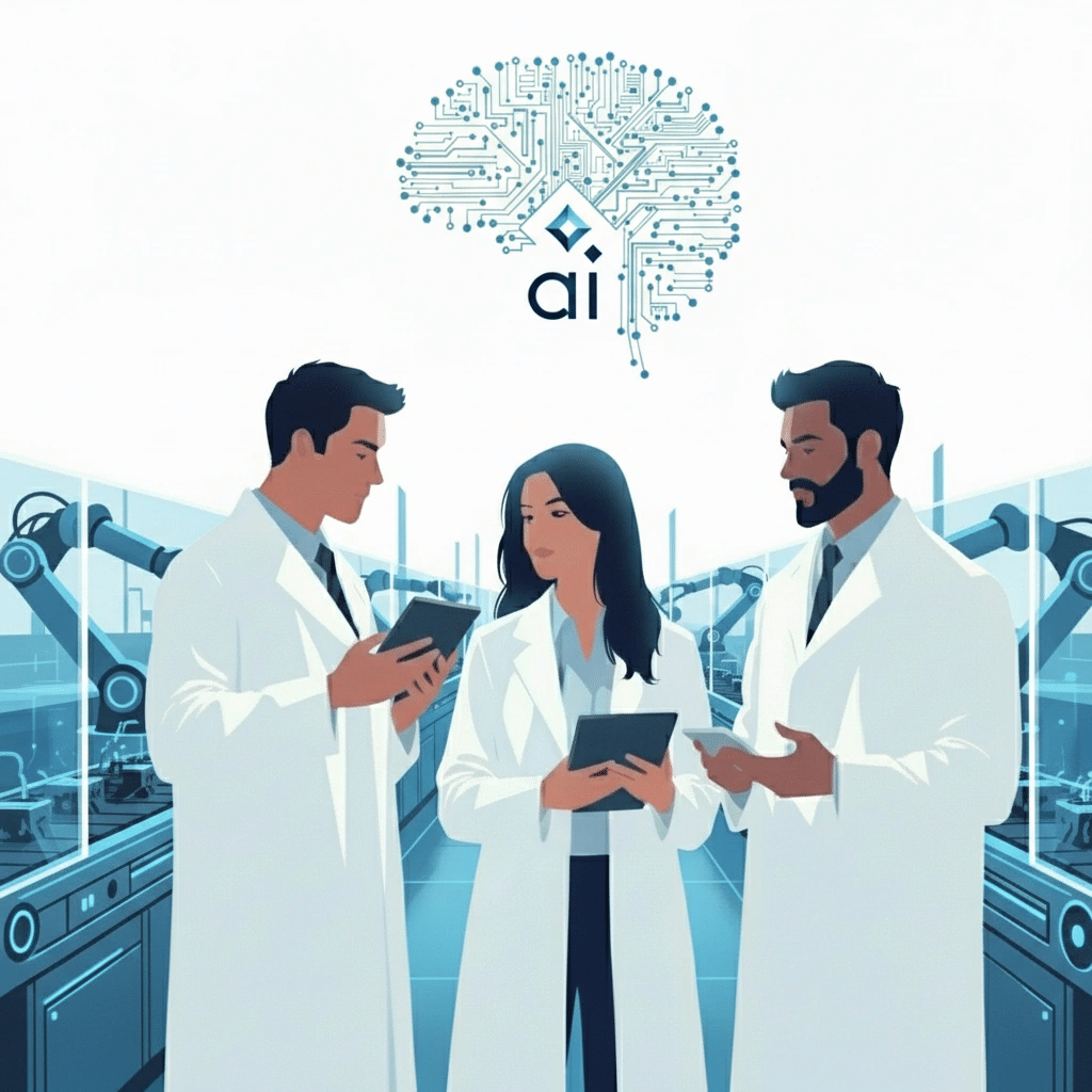AI leadership in manufacturing reviewing digital dashboards in a modern office and collaborating on data strategy.